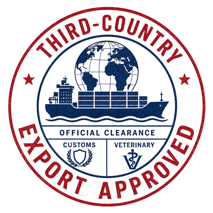 Third-country export customs and veterinary clearance stamp for frozen French pork consignments