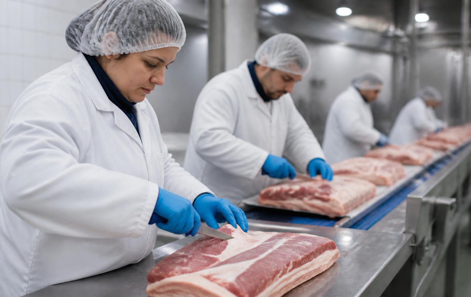 Pork cutting and preparation hall at the EU-approved French establishment FR 01.053.003 CE — staff trimming fresh pork on a stainless steel line